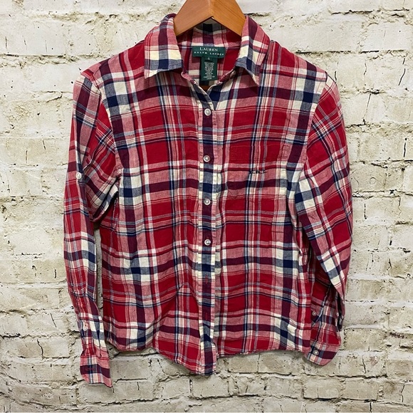 Lauren Ralph Lauren Red Blue Plaid Linen Button Up Top - Picture 1 of 4